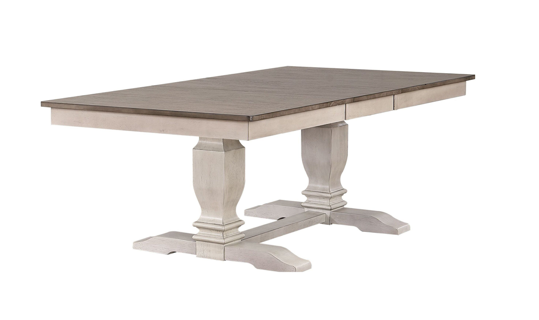 Iconic Furniture ER Double Pedestal Transitional Distressed Ash & Stormy White Dining Table-jennifer furniture