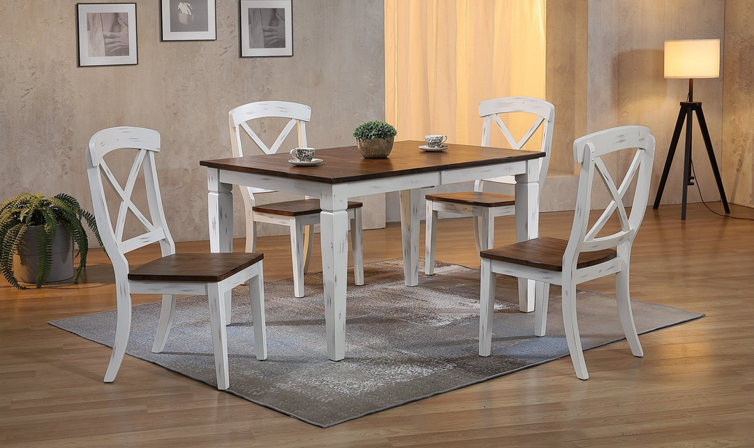 Iconic Furniture Loft Distressed Cotton White & Cocoa Brown Transitional X-Back 5-Piece Dining Set-jennifer furniture