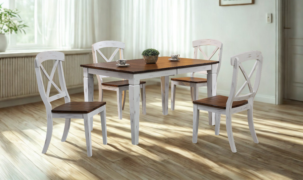 Iconic Furniture Loft Distressed Cotton White & Cocoa Brown Transitional X-Back 5-Piece Dining Set-jennifer furniture