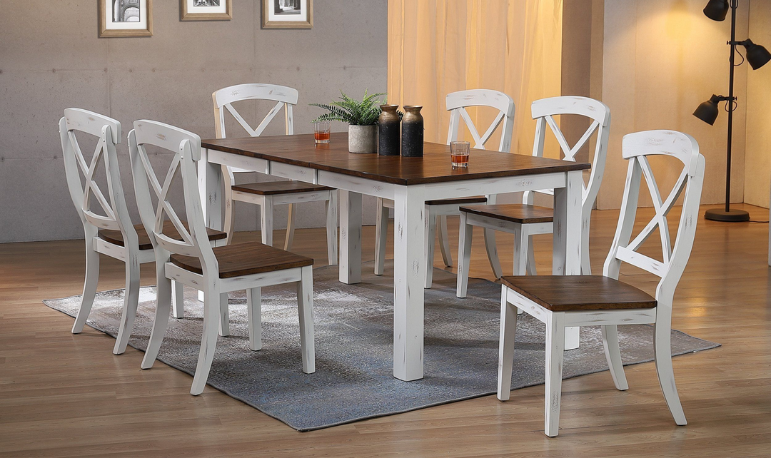 Iconic Furniture Parsons Distressed Cotton White & Cocoa Brown Transitional X-back 7-Piece Dining Set-jennifer furniture
