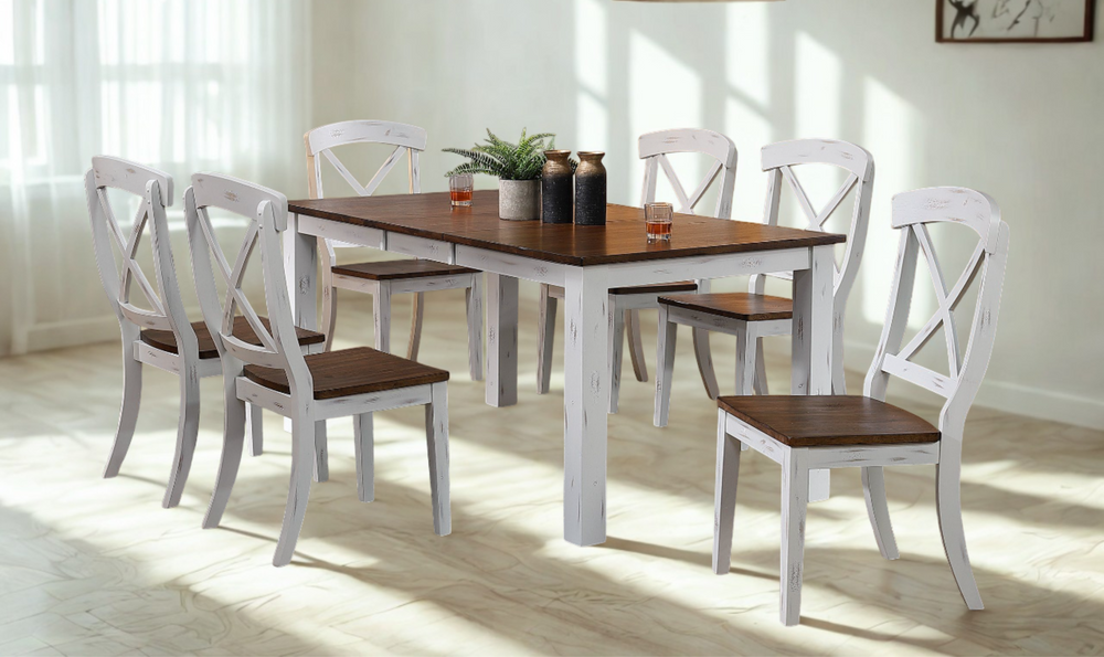Iconic Furniture Parsons Distressed Cotton White & Cocoa Brown Transitional X-back 7-Piece Dining Set-jennifer furniture
