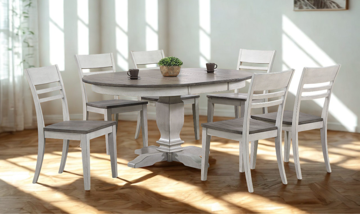 Iconic Transitional Ladder back Ash & Stormy White 7-Piece Dining Set-jennifer furniture