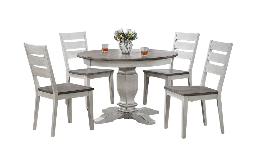 Iconic Transitional Table In Ash & Stormy White With Contemporary Ladder Back Chairs 5-Piece Dining Set-jennifer furniture