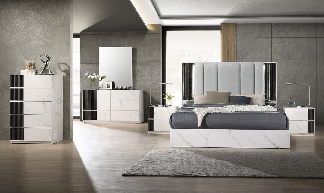 Jennifer Italia Bianca Modern Bedroom Set in White & Grey Marble Look