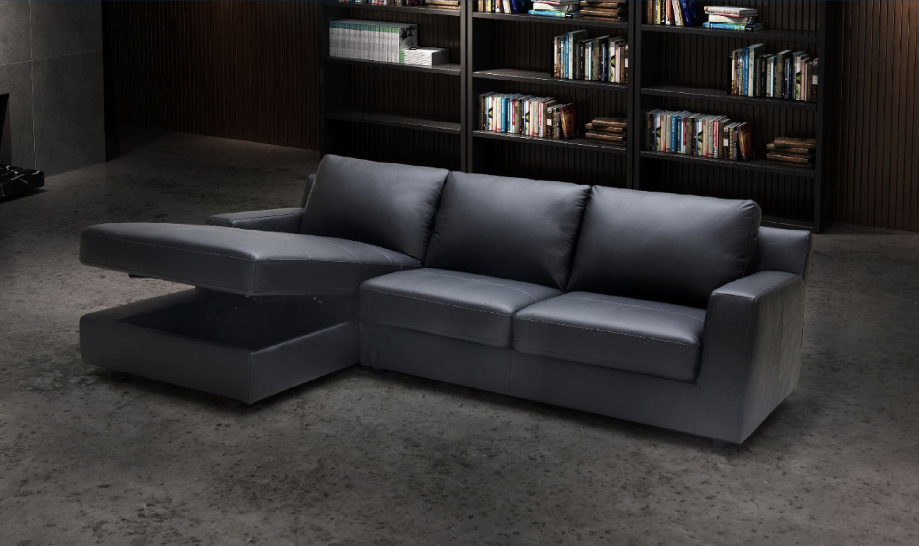 Jennifer Italia Lotus 3-Seater Premium Leather Sectional Sleeper Chaise in Black