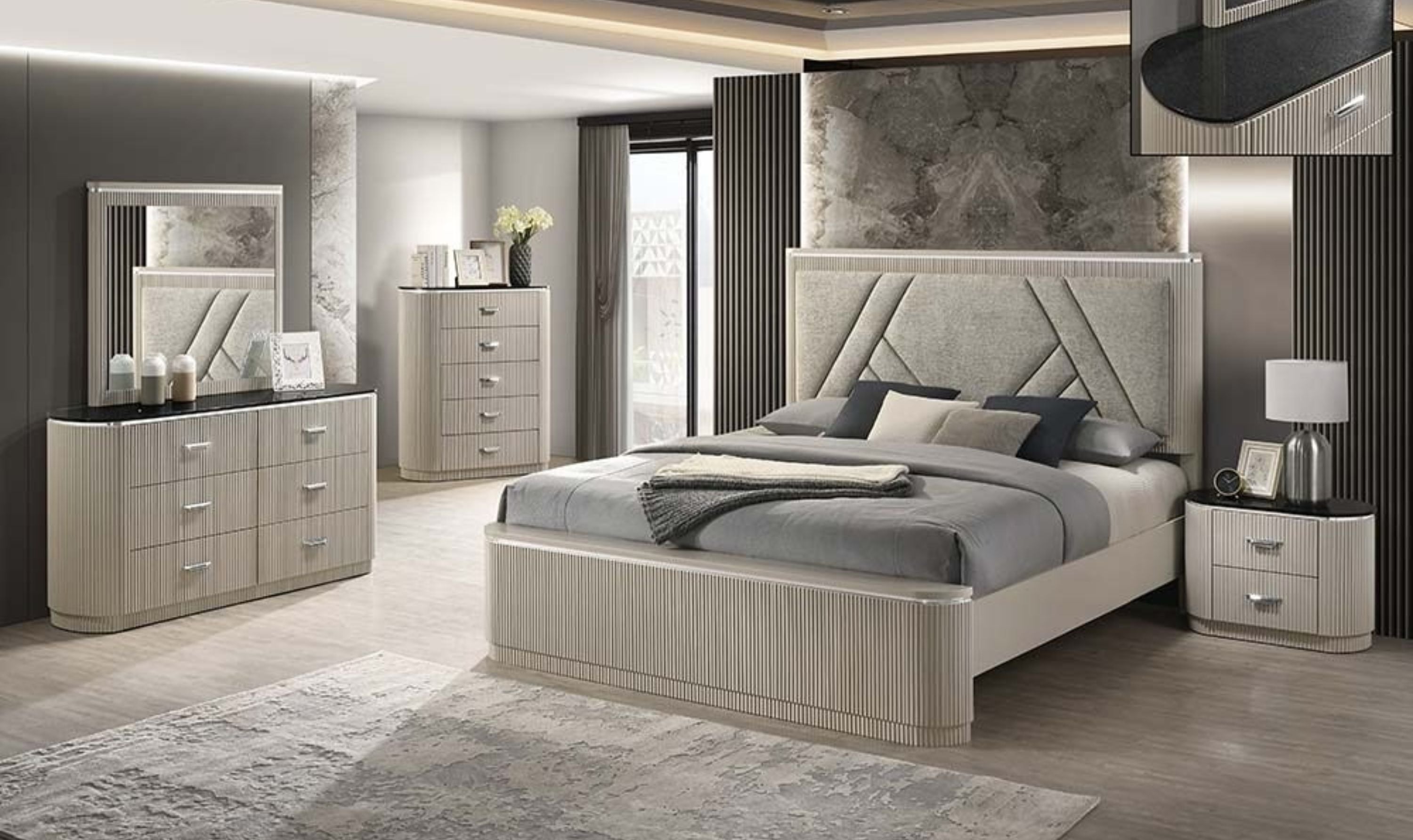 Jennifer Italia Onyx Contemporary Bedroom Set in Ribbed Texture