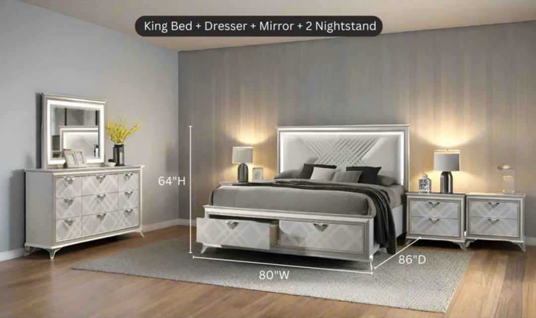 Jennifer Italia Brickfield King/Queen Size Storage Bedroom Set with LED Headboard-Jennifer Furniture
