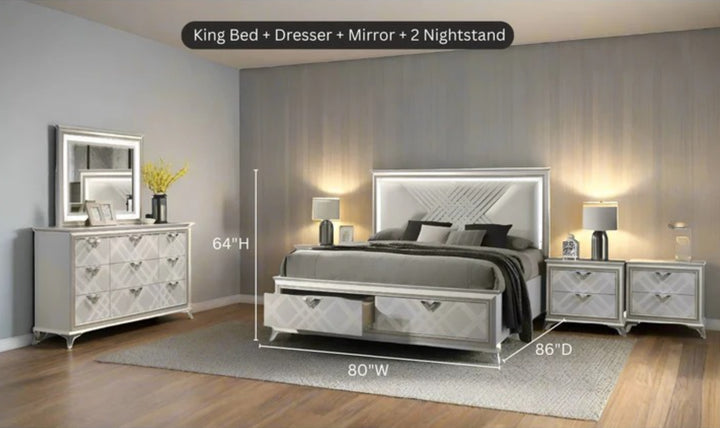 Jennifer Italia Brickfield King/Queen Size Storage Bedroom Set with LED Headboard-Jennifer Furniture
