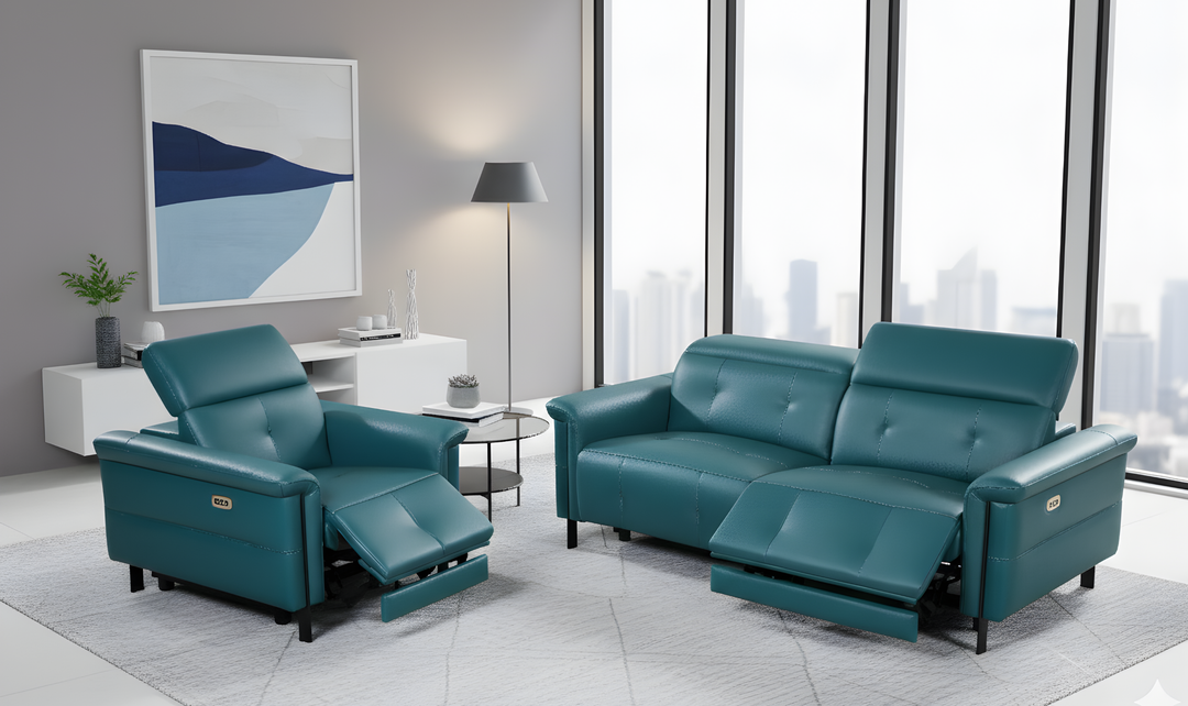 Klaussner Orlena Leather Marine Green Recliner and Sofa Set-Jennifer Furniture