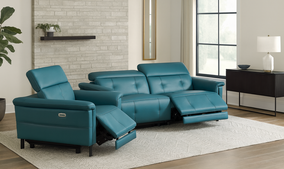 Klaussner Orlena Leather Marine Green Recliner and Sofa Set-Jennifer Furniture