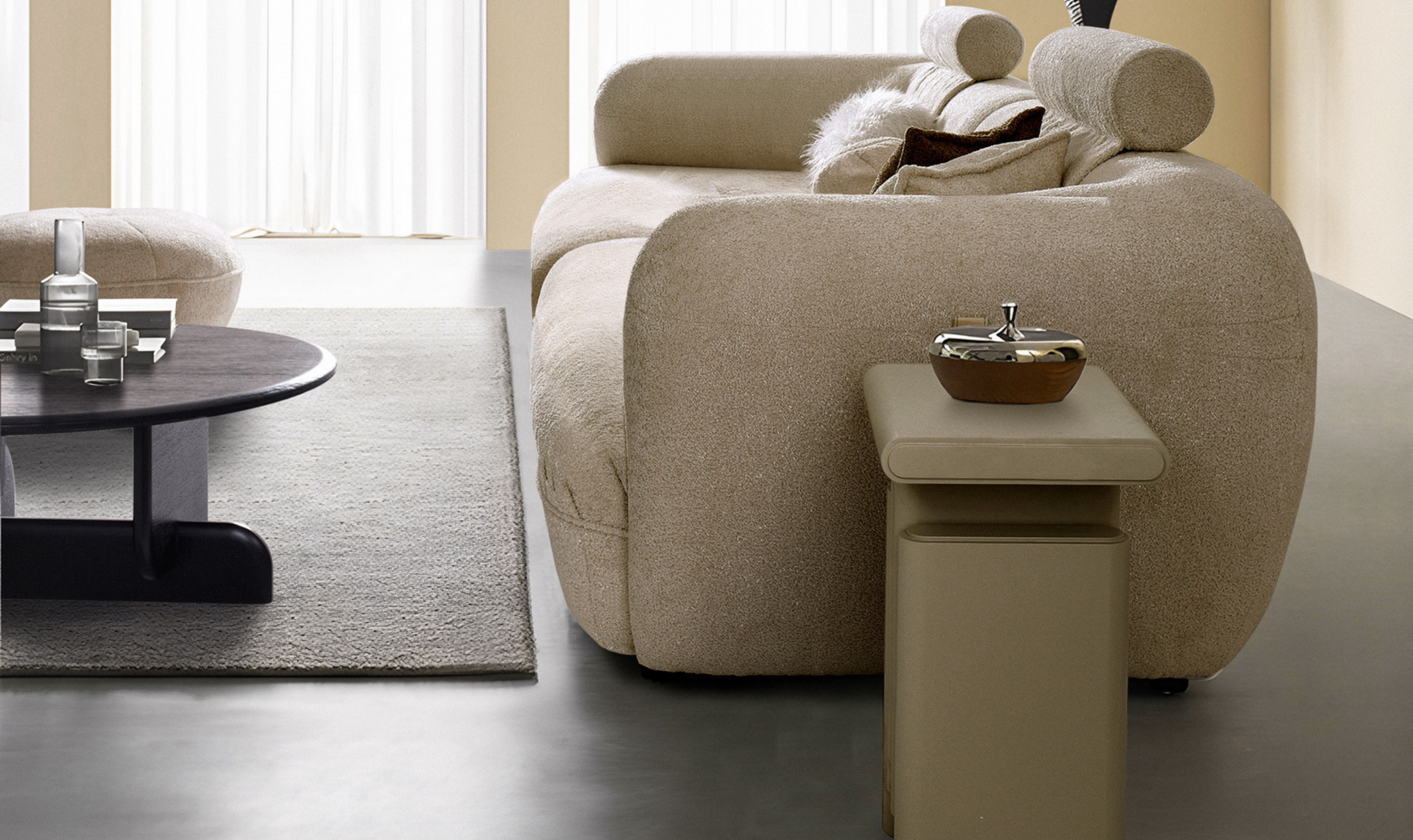 Klaussner Accordo Cream White Fabric Sofa with Curved Arms
