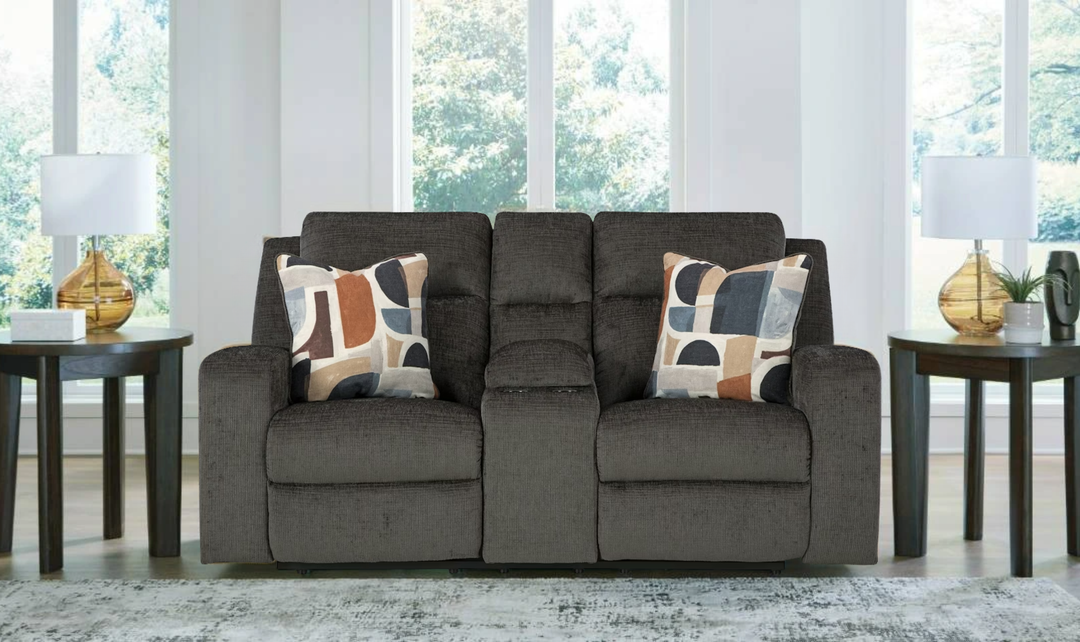 Modern Heritage Kanlow Fabric Double Recliner Loveseat Sofa With Storage Console