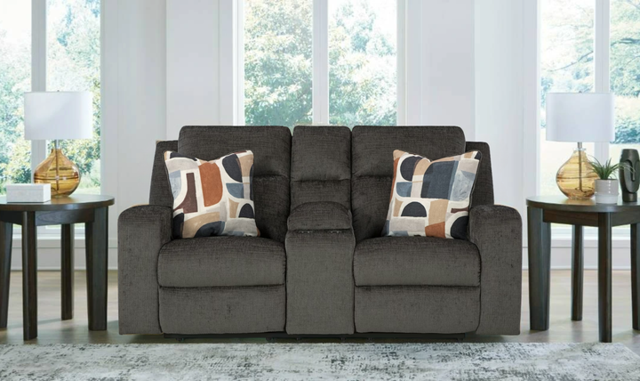 Modern Heritage Kanlow Fabric Double Recliner Loveseat Sofa With Storage Console