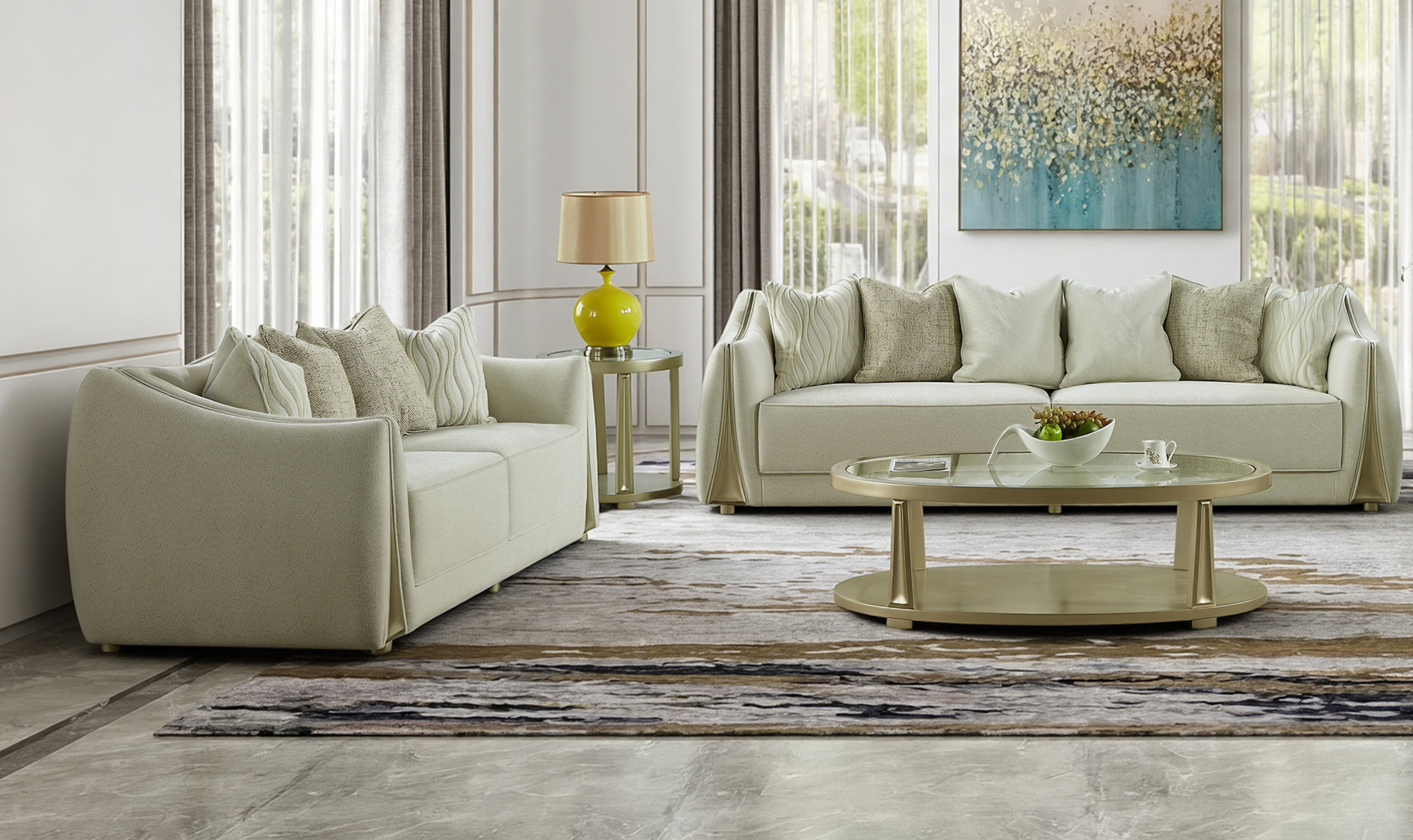 Klaussner Amarylis Upholstered luxury Champagne Gold 5-Piece Living Room Set-Jennifer Furniture
