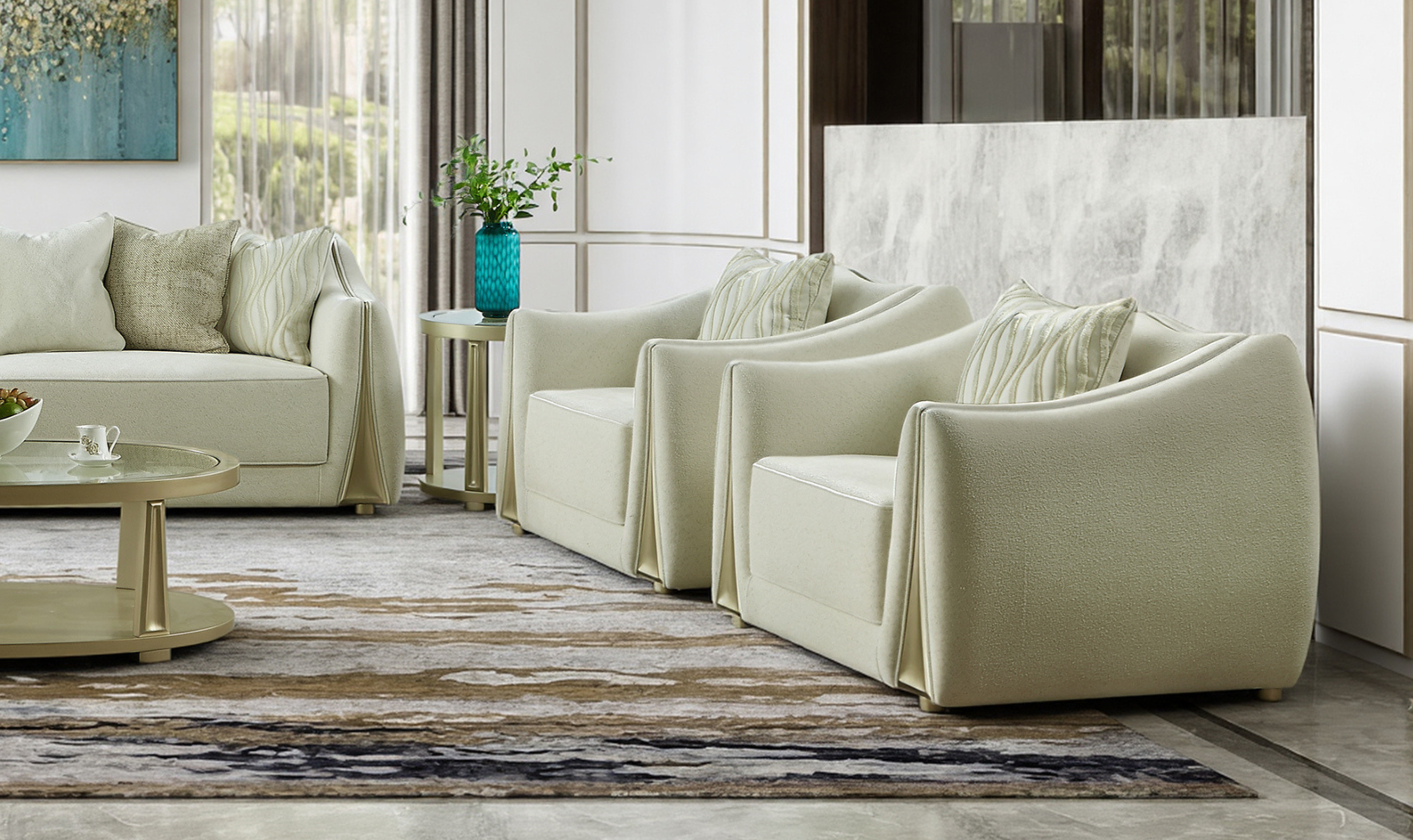 Klaussner Amarylis Upholstered luxury Champagne Gold 5-Piece Living Room Set-Jennifer Furniture