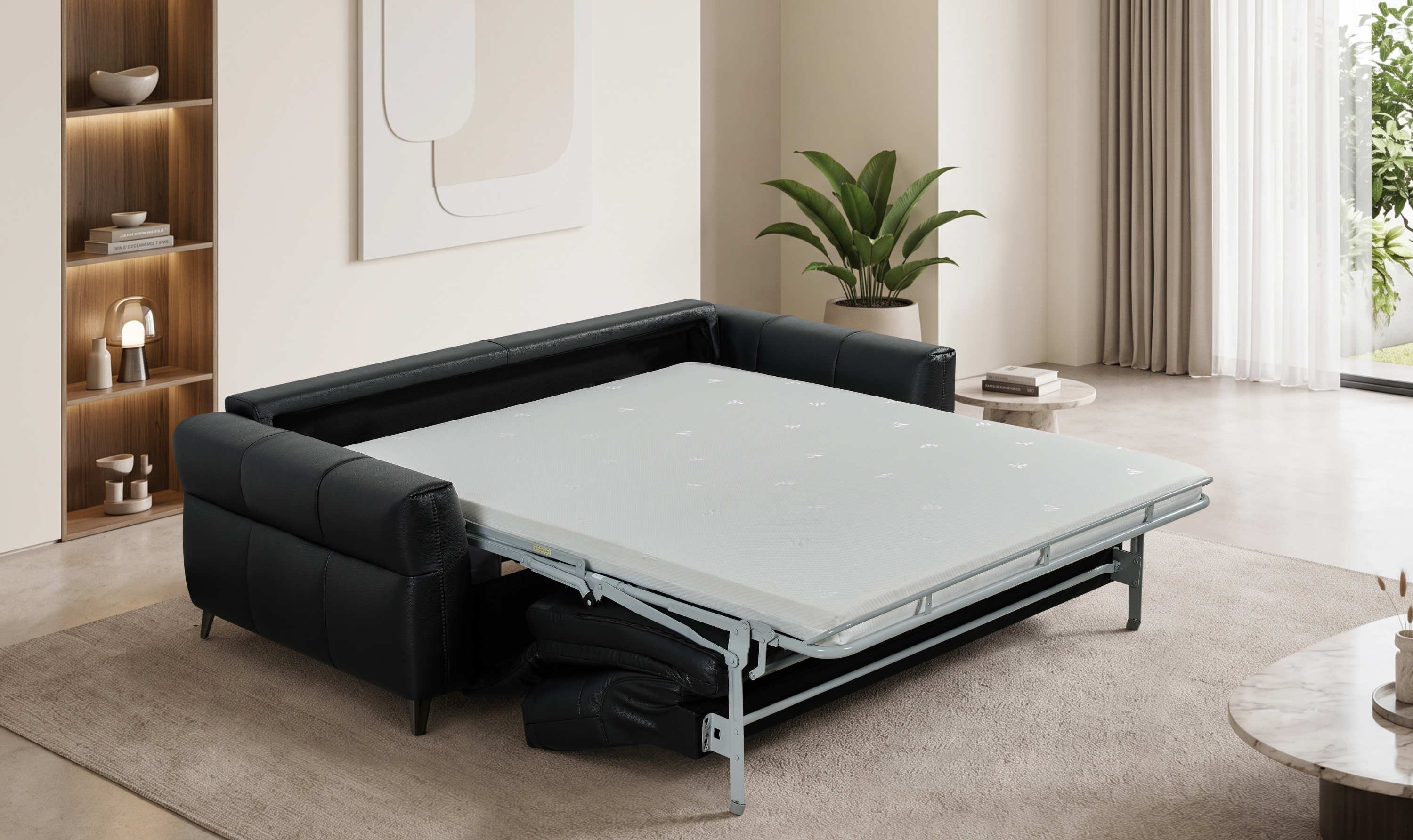 Klaussner Barrett Black Faux Leather Queen Sleeper Sofa with Padded Track Arms-Jennifer