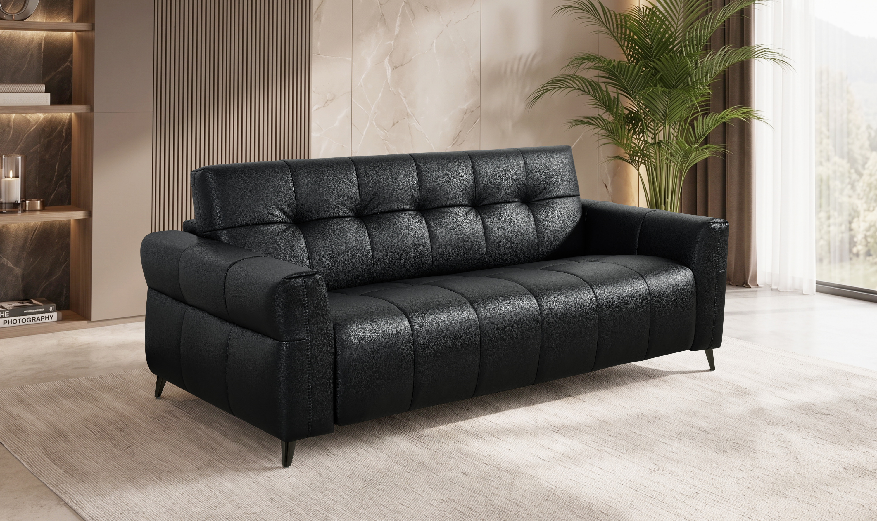 Klaussner Barrett Black Faux Leather Queen Sleeper Sofa with Padded Track Arms-Jennifer