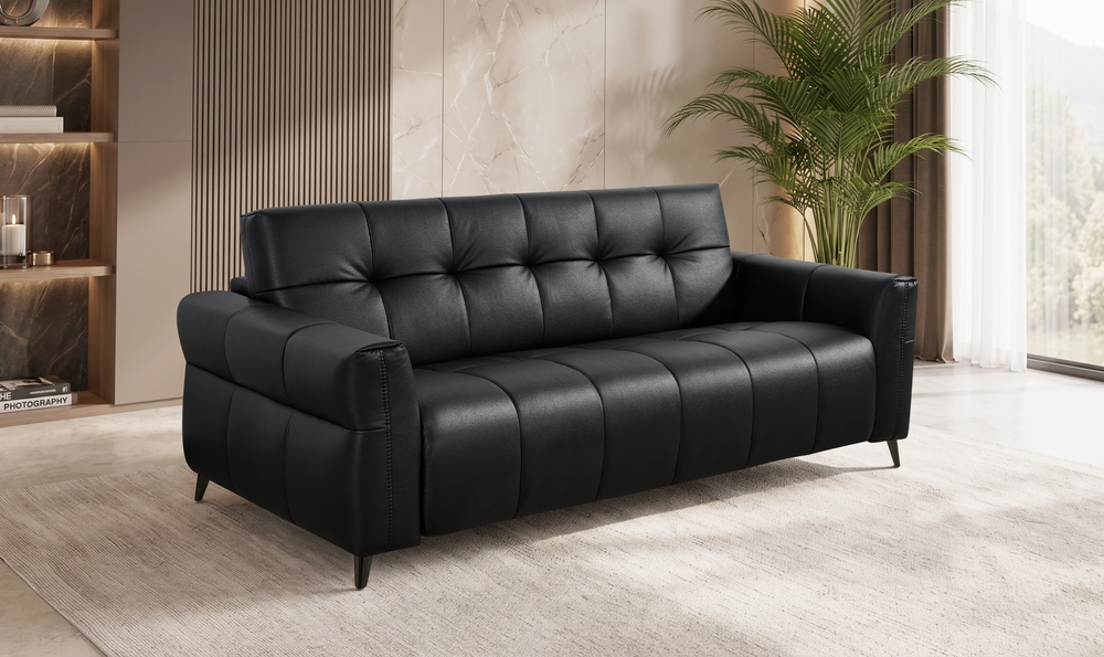 Klaussner Barrett Black Faux Leather Queen Sleeper Sofa with Padded Track Arms-Jennifer