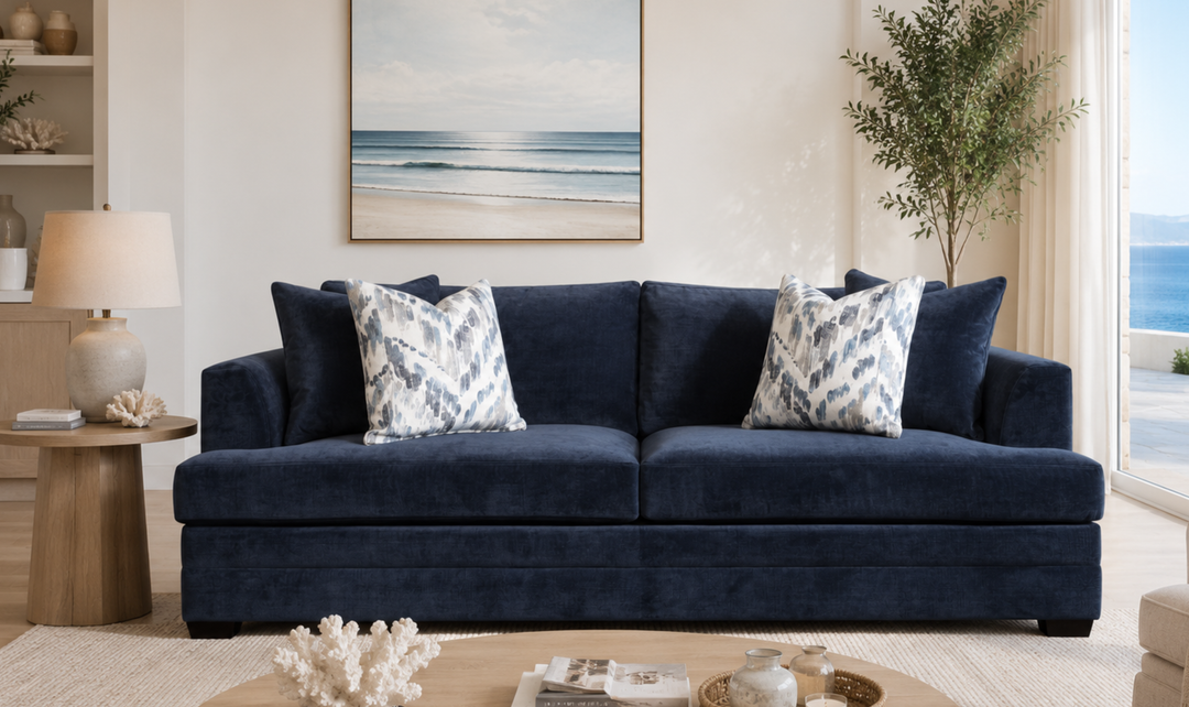 Klaussner Bentley Fabric Sofa with Accent Pillows in Blue-Jennifer Furniture