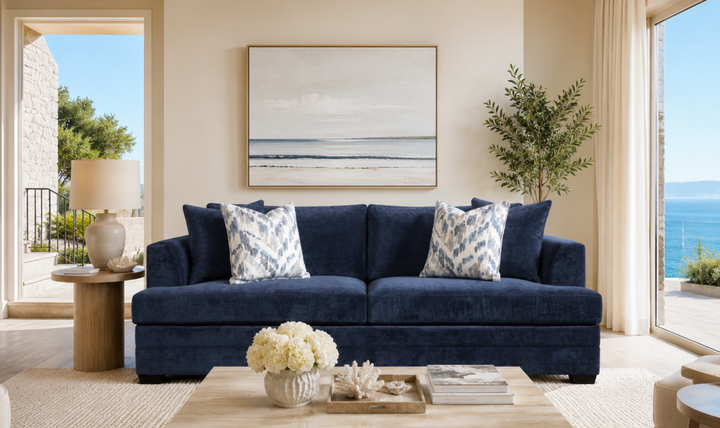 Klaussner Bentley Fabric Sofa with Accent Pillows in Blue-Jennifer Furniture