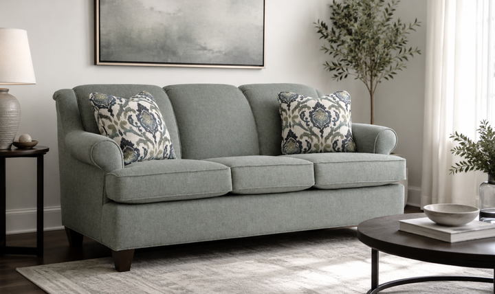 Klaussner Delmont Fabric Rolled Arm Sofa with Accent Pillows