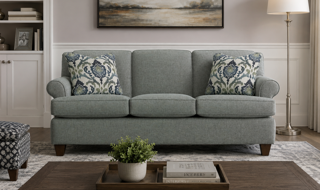Klaussner Delmont Fabric Rolled Arm Sofa with Accent Pillows