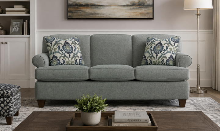 Klaussner Delmont Fabric Rolled Arm Sofa with Accent Pillows