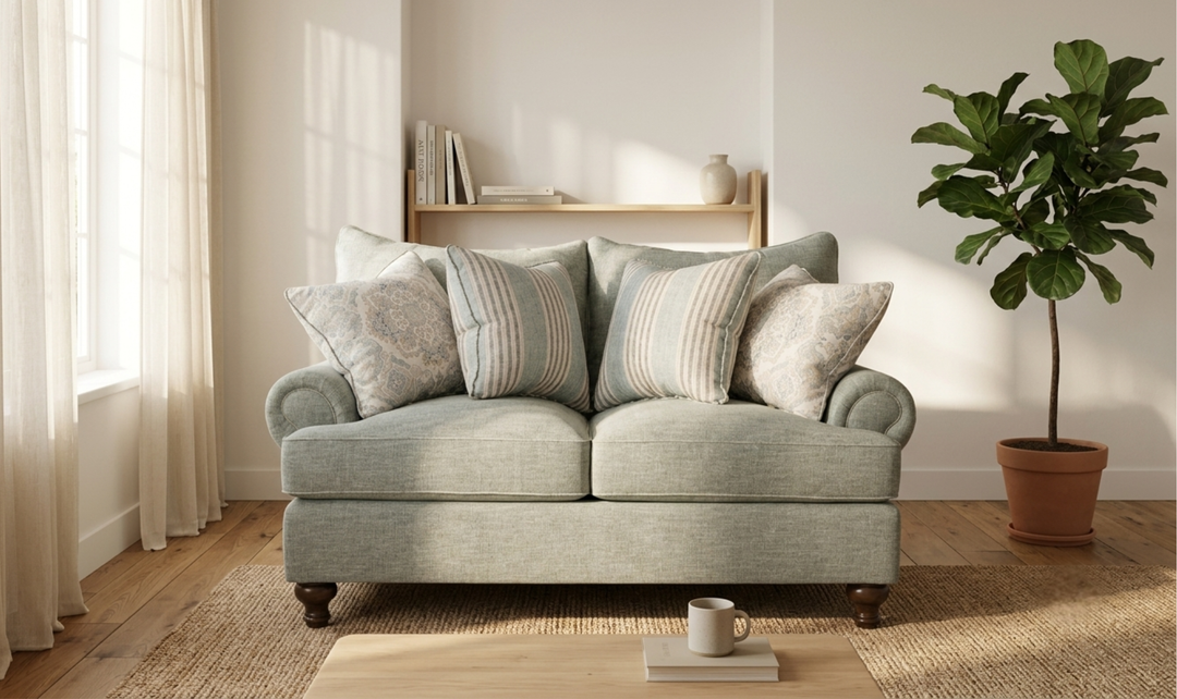 Klaussner Fairview Fabric Roll Arm Sofa with Accent Pillows