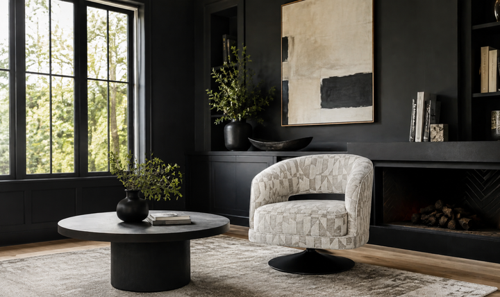 Klaussner Fallon Geometric Fabric Swivel Barrel Chair-Jennifer Furniture