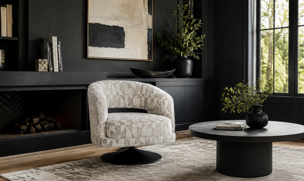 Klaussner Fallon Geometric Fabric Swivel Barrel Chair-Jennifer Furniture
