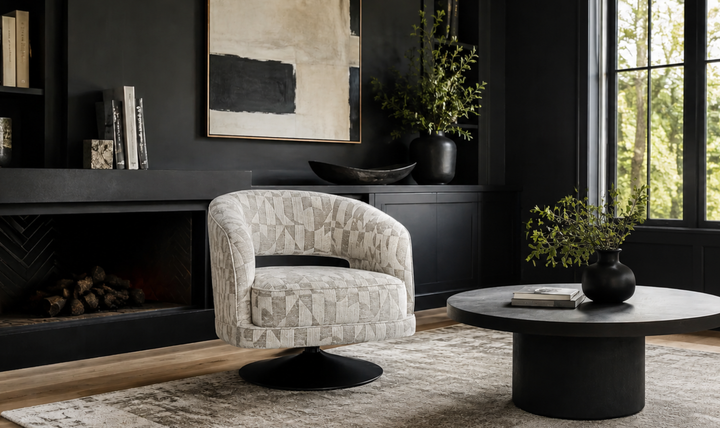 Klaussner Fallon Geometric Fabric Swivel Barrel Chair-Jennifer Furniture