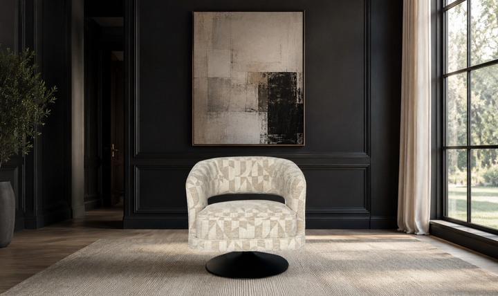 Klaussner Fallon Geometric Fabric Swivel Barrel Chair-Jennifer Furniture