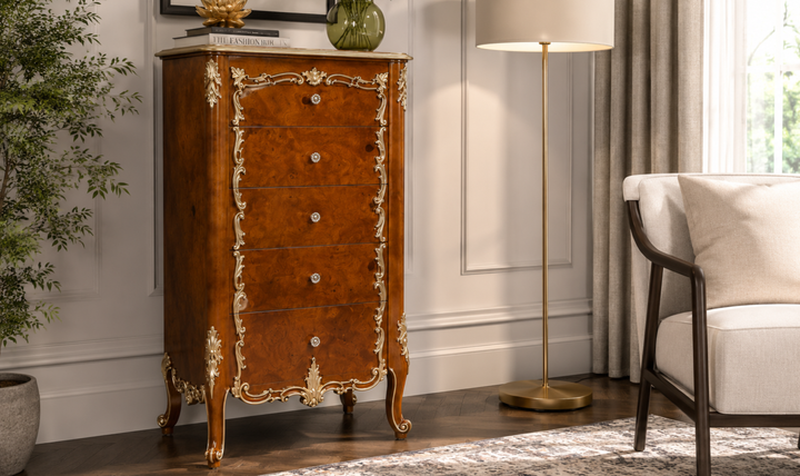 Klaussner Juliet Traditional Luxury Wood Chest of Drawers with Ornate Carvings - Jennifer Furniture