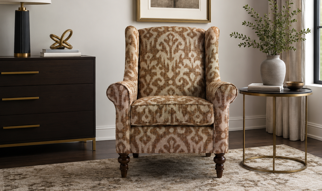 Klaussner Oakmont Living Fabric Accent Chair with Wingback Design & Turned Wood Legs
