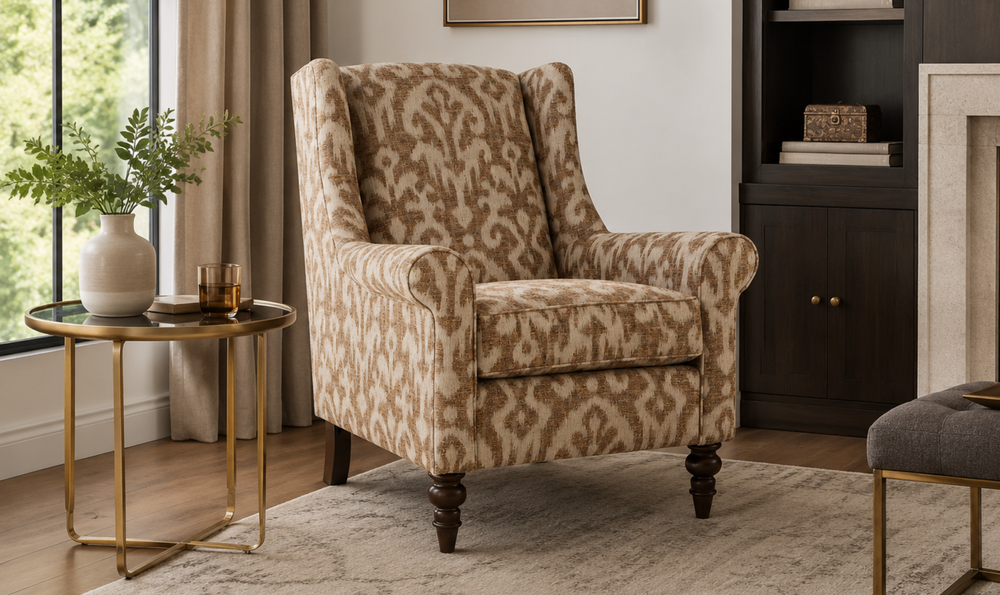 Klaussner Oakmont Living Fabric Accent Chair with Wingback Design & Turned Wood Legs - Jennifer Furniture
