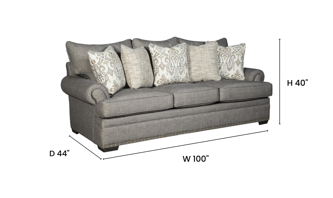 Klaussner Oakmont Living Fabric Roll Arm Nailhead 3 Seater Sofa - Jennifer Furniture