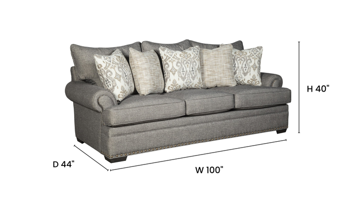 Klaussner Oakmont Living Fabric Roll Arm Nailhead 3 Seater Sofa - Jennifer Furniture