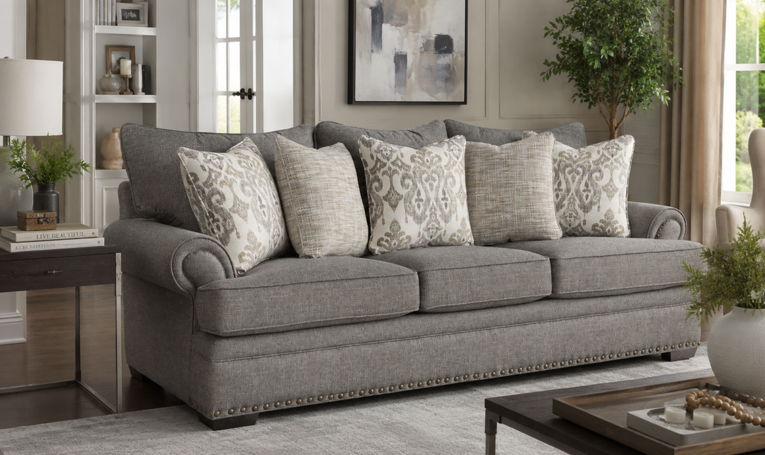 Klaussner Oakmont Living Fabric Roll Arm Nailhead 3 Seater Sofa - Jennifer Furniture