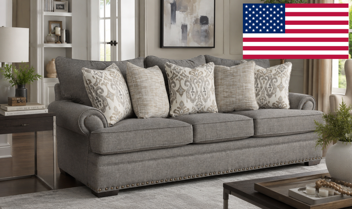 Klaussner Oakmont Living Fabric Roll Arm Nailhead 3 Seater Sofa - Jennifer Furniture