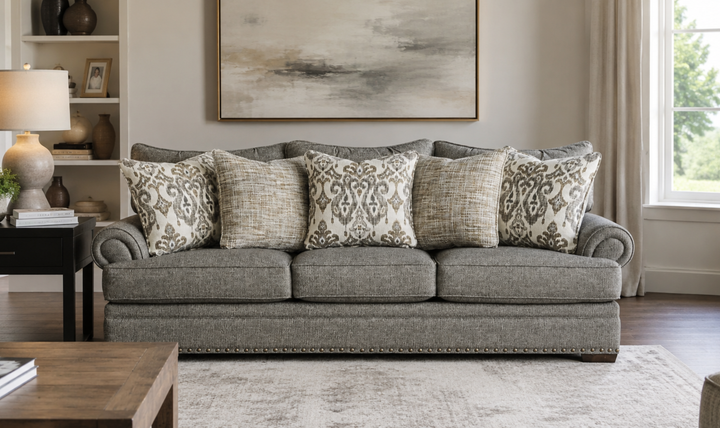 Klaussner Oakmont Living Fabric Roll Arm Nailhead 3 Seater Sofa - Jennifer Furniture