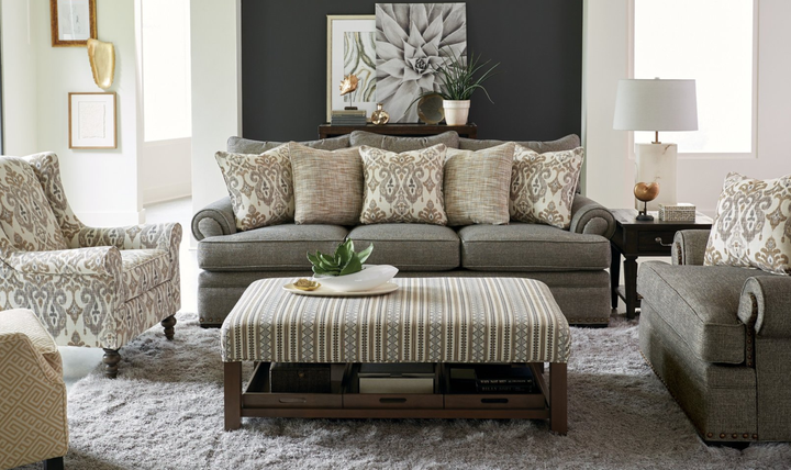 Klaussner Oakmont Living Fabric Roll Arm Nailhead 3 Seater Sofa - Jennifer Furniture