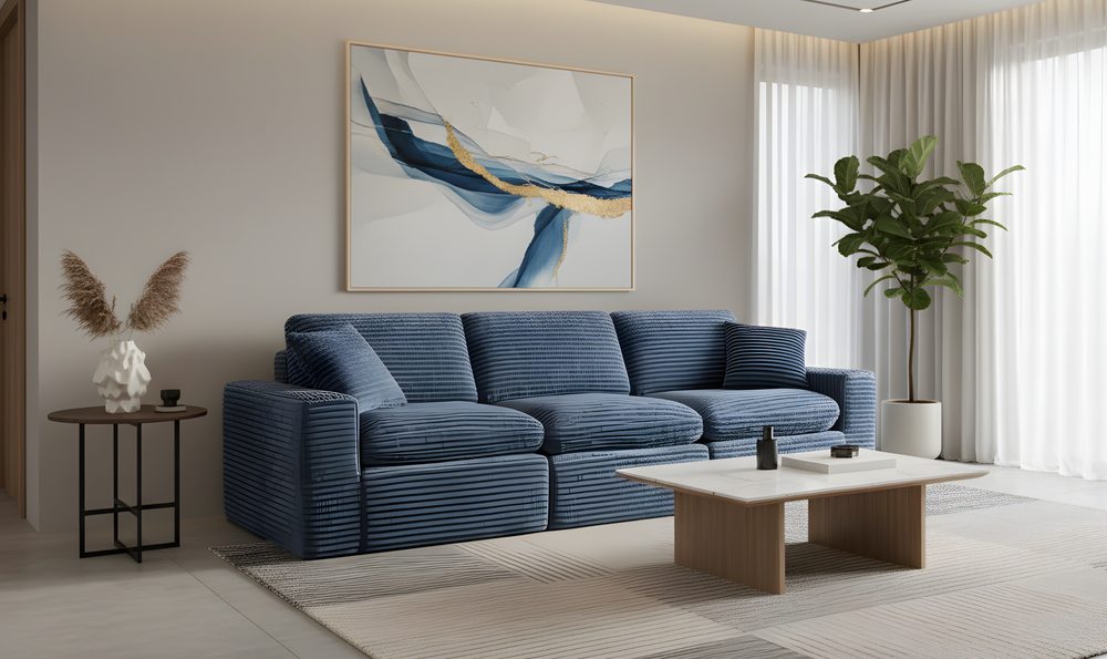 Klaussner Pacis 3-Seater Fabric Dark Blue Sofa with Ottoman-Jennifer Furniture