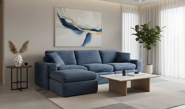 Klaussner Pacis 3-Seater Fabric Dark Blue Sofa with Ottoman-Jennifer Furniture