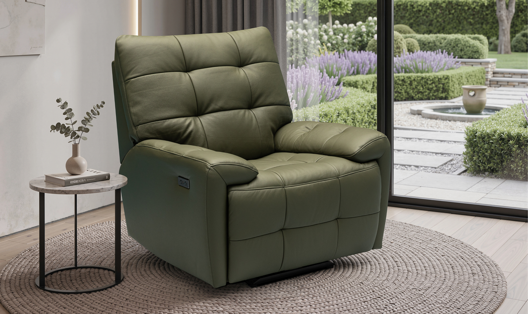 Klaussner Rovello Leather Power Recliner Chair In Olive Green