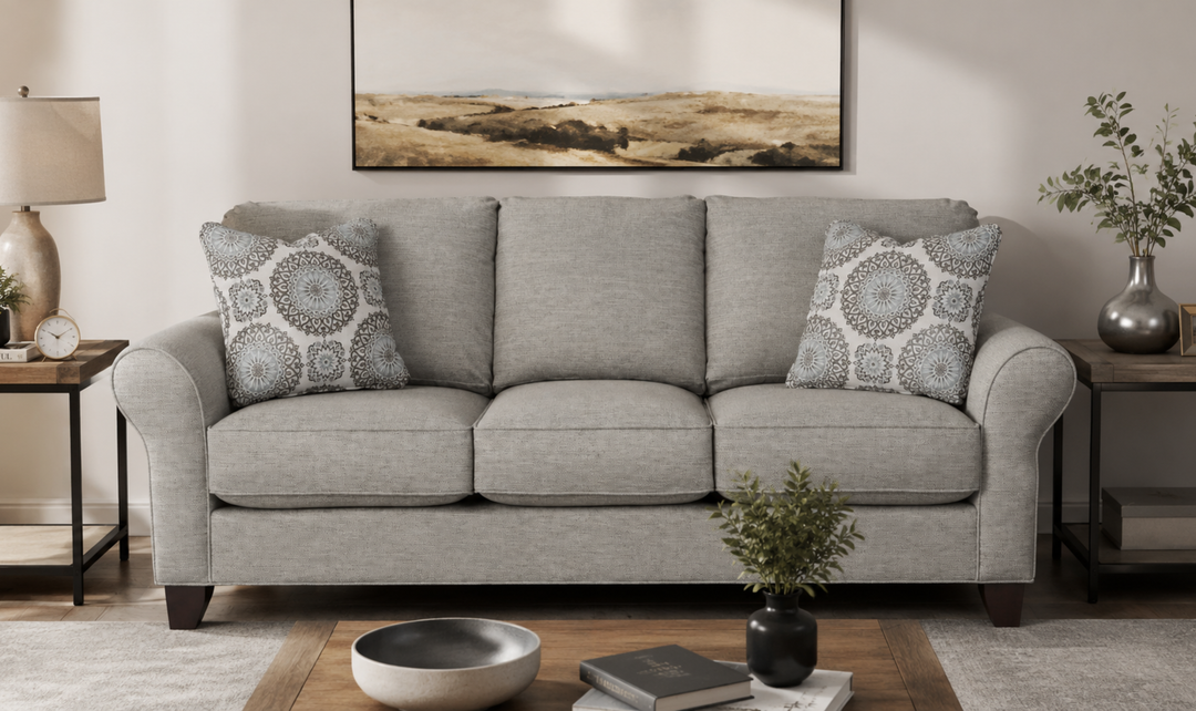 Klaussner Templeton Fabric Traditional Rolled Arm Sofa with Accent Pillows - Jennifer Furniture