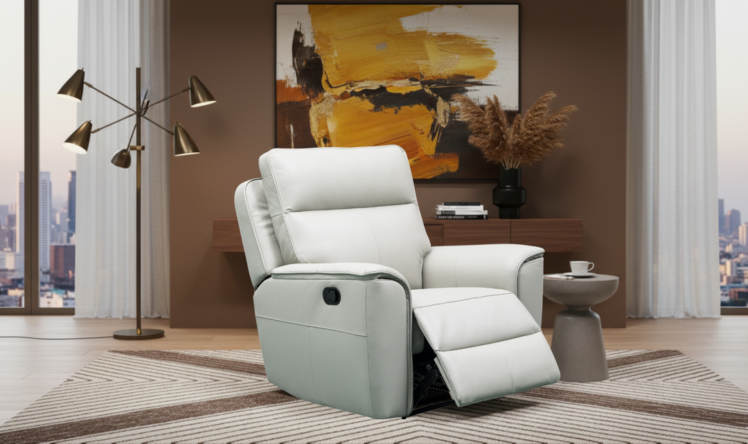 Klaussner Venezia High Quality White Leather Manual Recliner Chair-Jennifer Furniture