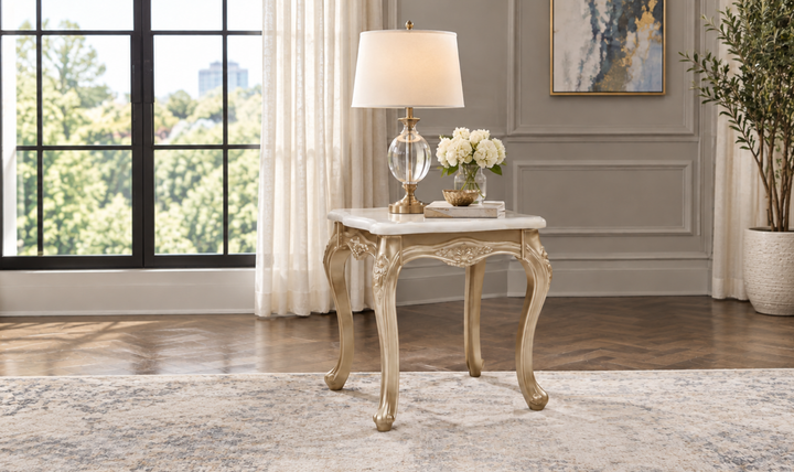 Klaussner Aeon Contemporary Square Glass Top End Table in Champagne Gold-JEnnifer Furniture