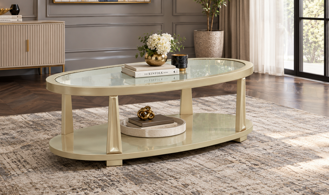 Klaussner Amarylis Oval Glass Coffee Table In Champagne Gold Finish-Jennifer Furniture
