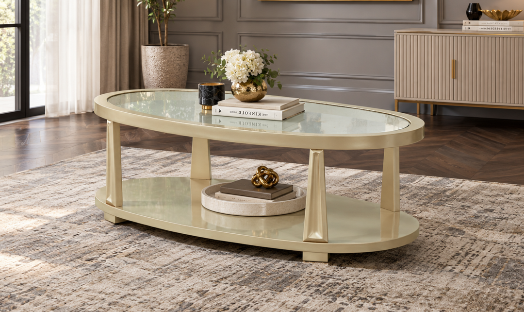 Klaussner Amarylis Oval Glass Coffee Table In Champagne Gold Finish-Jennifer Furniture