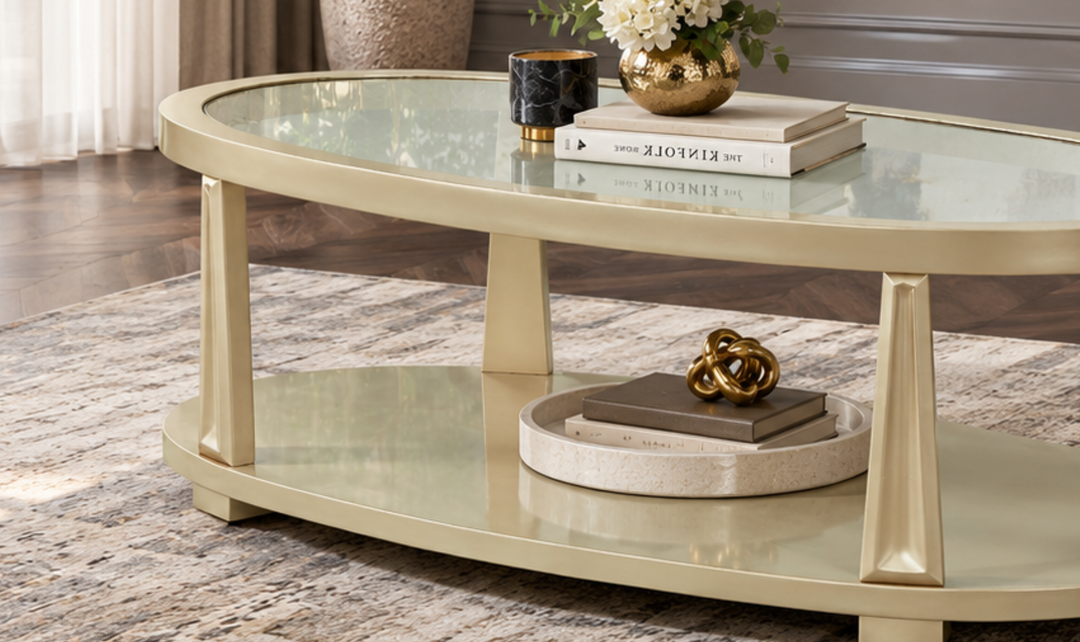 Klaussner Amarylis Oval Glass Coffee Table In Champagne Gold Finish-Jennifer Furniture